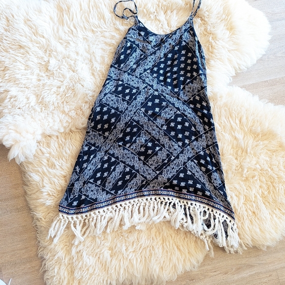 5TH & LOVE Dress,Navy Blue, Ivory & White,Hippy Boho Fringe, Adjustable Tank - Picture 5 of 5